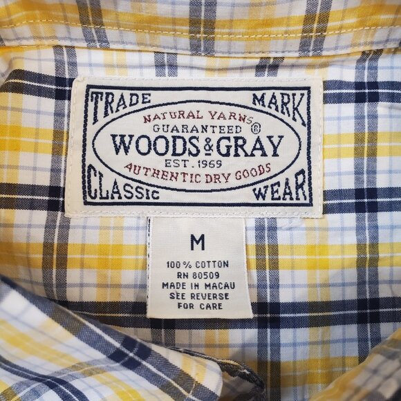 Woods & Gray Mens Button Up Blue Yellow Plaid Short Sleeve Shirt Size Medium - Picture 8 of 9